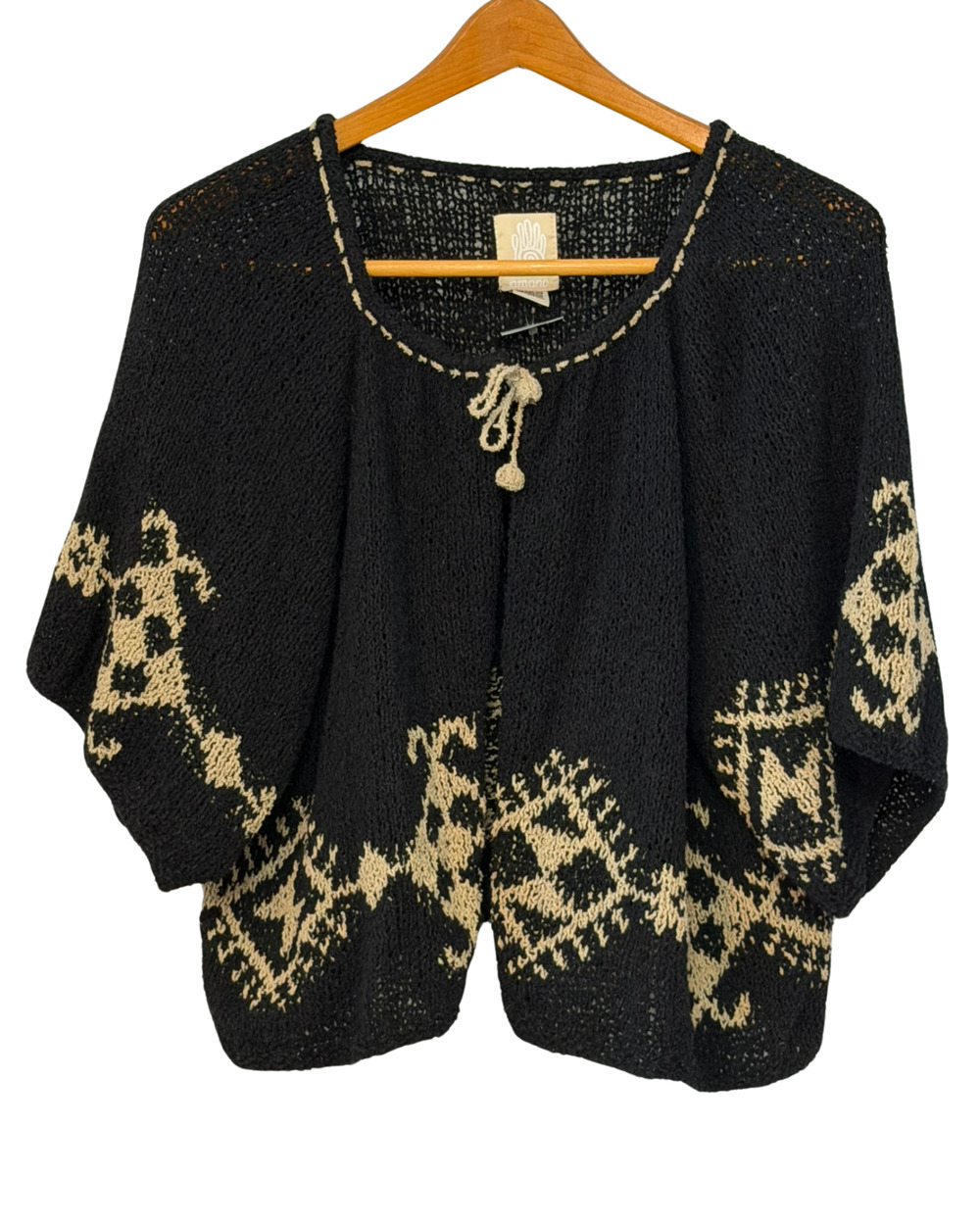 Amano One Size Folk Style Tie-Front Cardigan Black Open Knit Made in Bolivia New